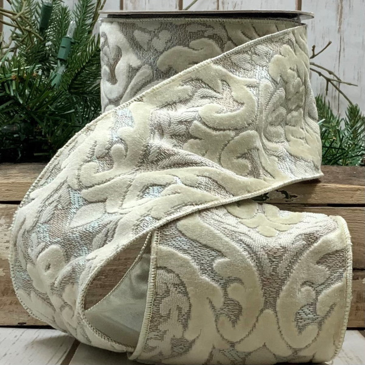 Jacquard Leaves Ribbon- Cream