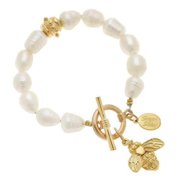 Gold bee Charm pearl Bracelet