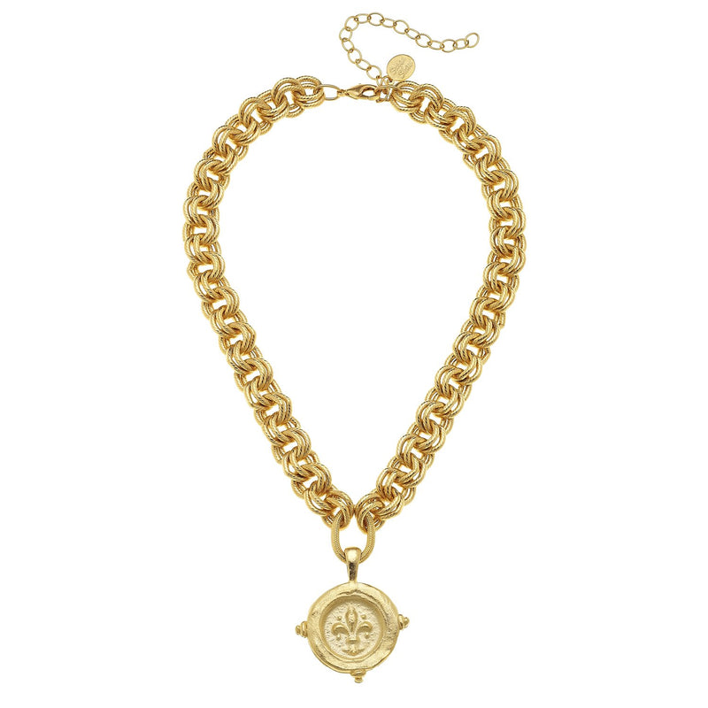 Handcast Gold Fleur de lis Intaglio Necklace