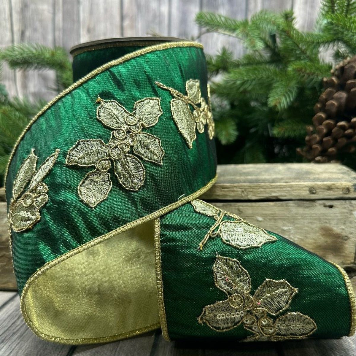 Dupion Gold Holly Ribbon-Green