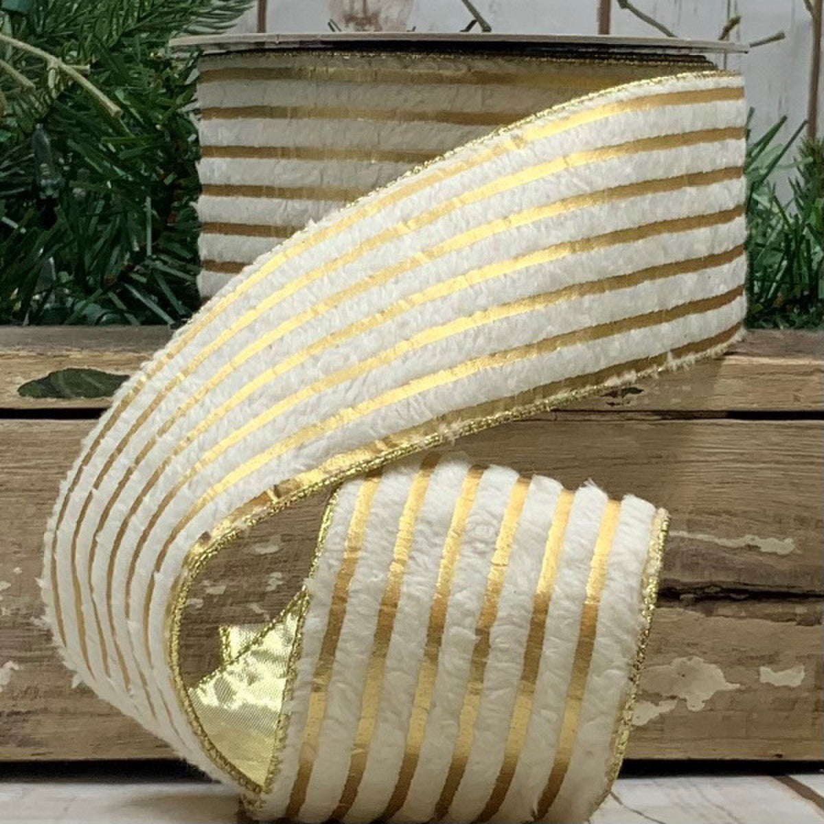 Faux Fur Metallic Gold Stripe Ribbon-Ivory