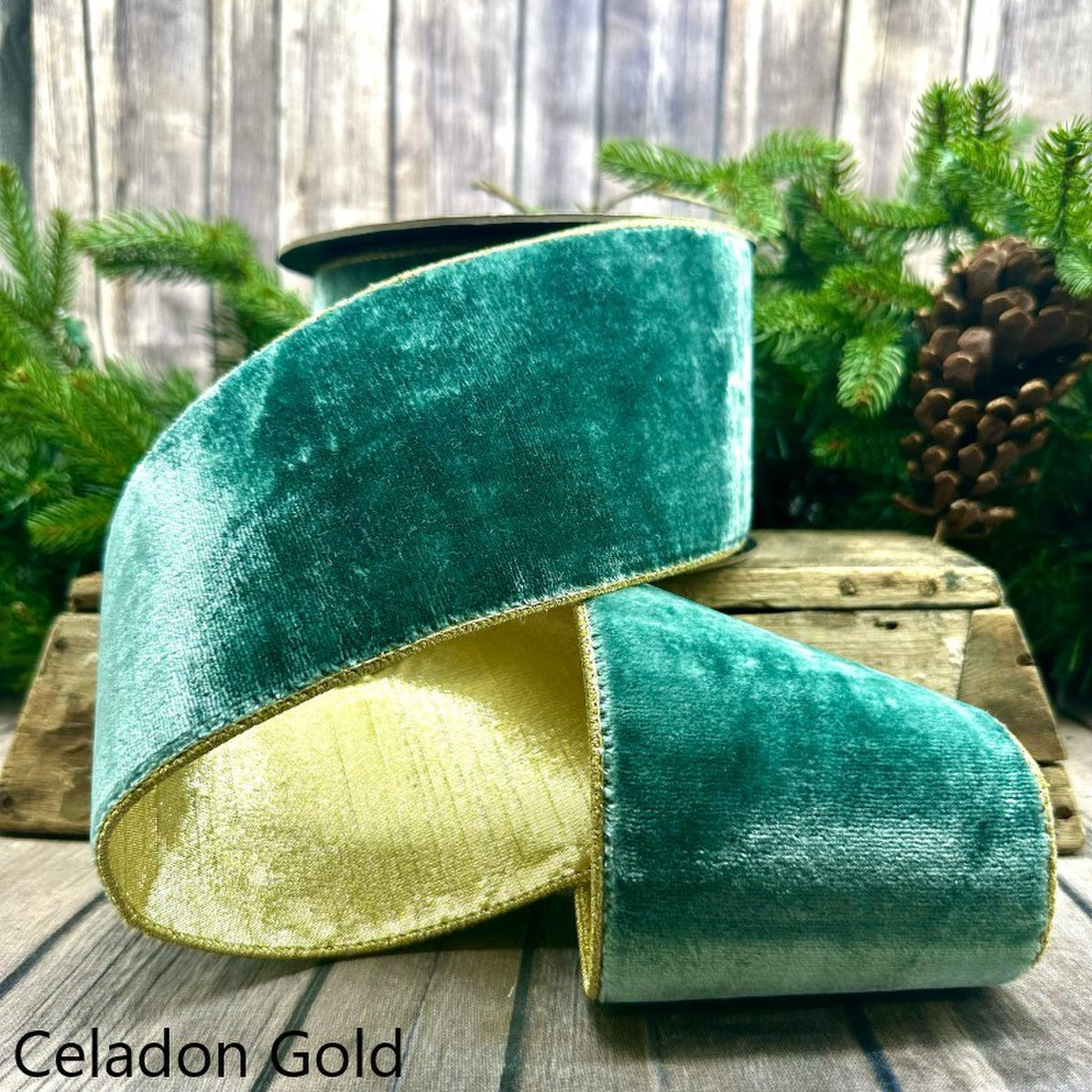 Lush Velvet Gold Back Ribbon-Celadon