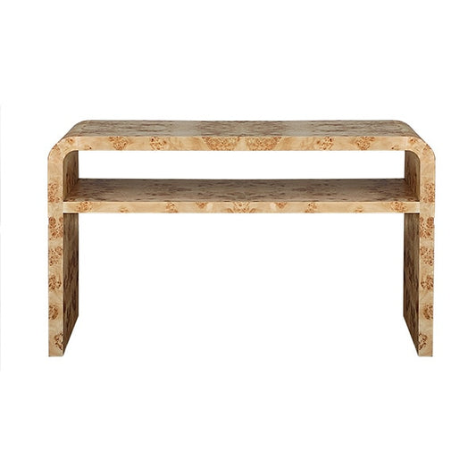 Waterfall Edge Two Tier Console Table in Burl Wood