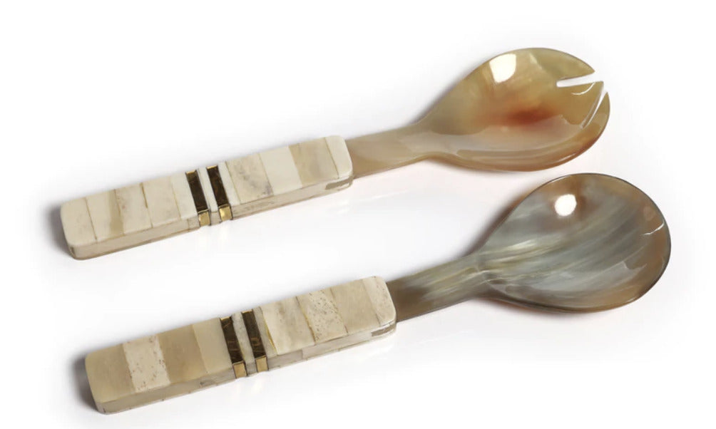 Horn Antique Bone/Brass Salad Server Set