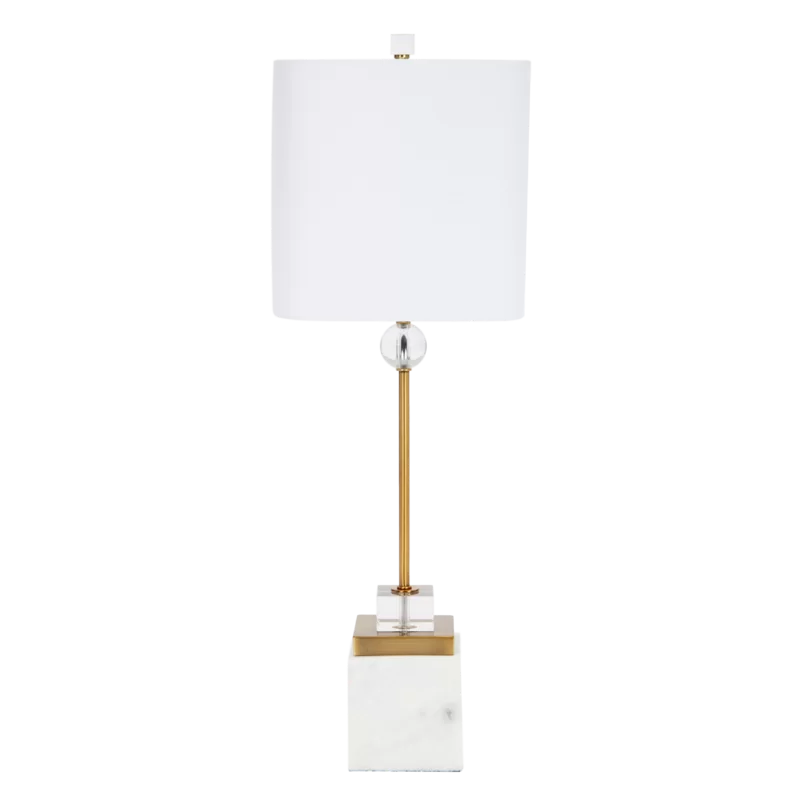 Kirk White Marble Lamp Brass White Linen Shade