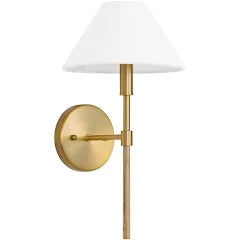 1 Light Sconce w White Linen Shade Brass/Burl Wood