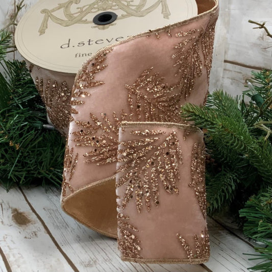 Velvet Glitter Leaves Ribbon-Pink