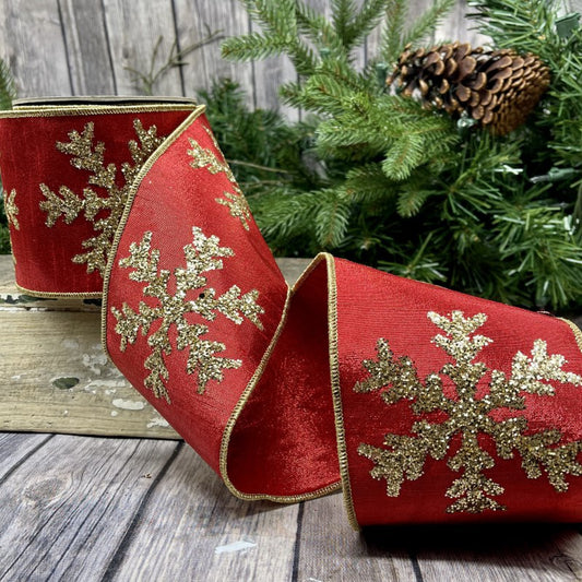 Red Glitter Snowflake Dupion Ribbon