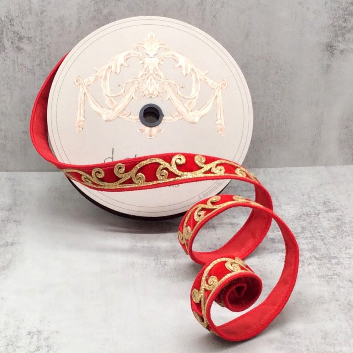 Velvet Gold/Red Scroll 1" Ribbon