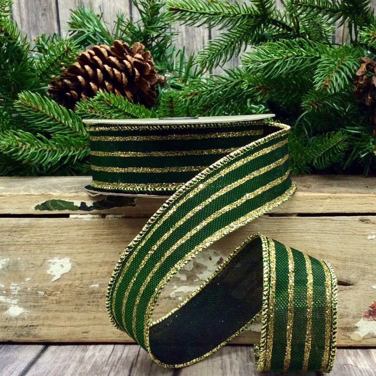 Metallic Gold/Emerald Glitter 1.5" Ribbon