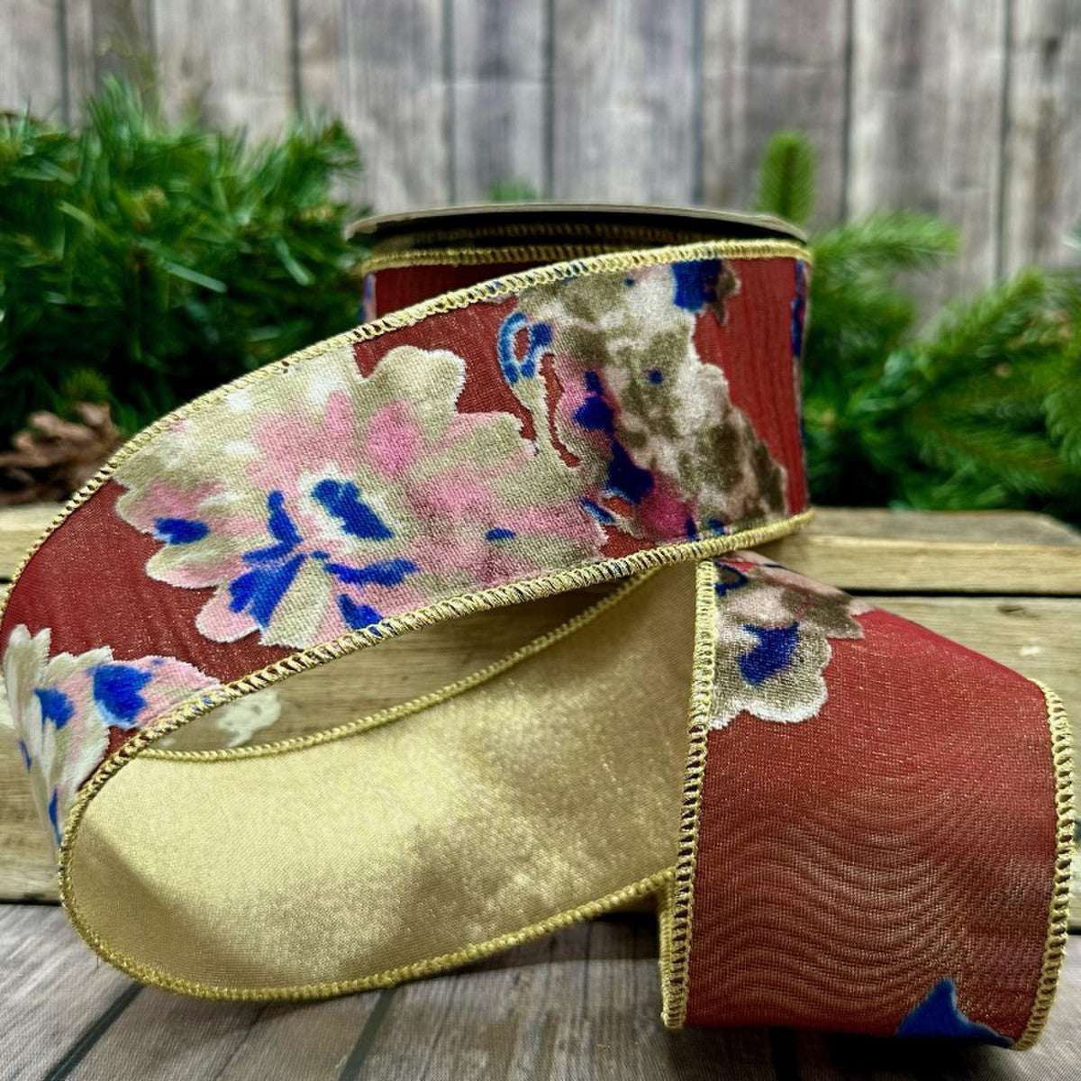 Velvet Floral Ribbon-Navy Pink Beige