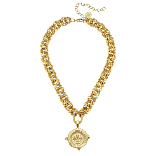 Handcast Gold Fleur de lis Intaglio Necklace