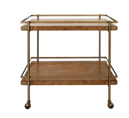 Antique Brass Bar Cart With Shelves In Dark Burl Wood