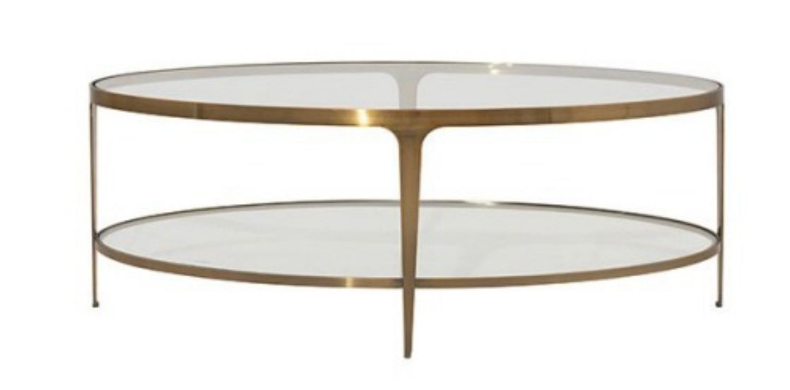 Two Tier Glass Top Oval Coffee Table In Antique Brass